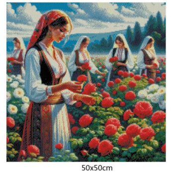 Goblen  de  diamante - Dimineata la cules de trandafiri in Bulgaria