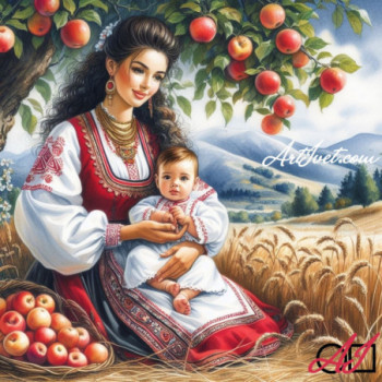 Goblen  de  diamante - Mama si copil langa lanul de grau