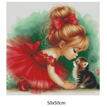 Goblen  de  diamante - Fetita cu rochita rosie si pisoiasul