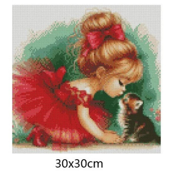 Goblen  de  diamante - Fetita cu rochita rosie si pisoiasul