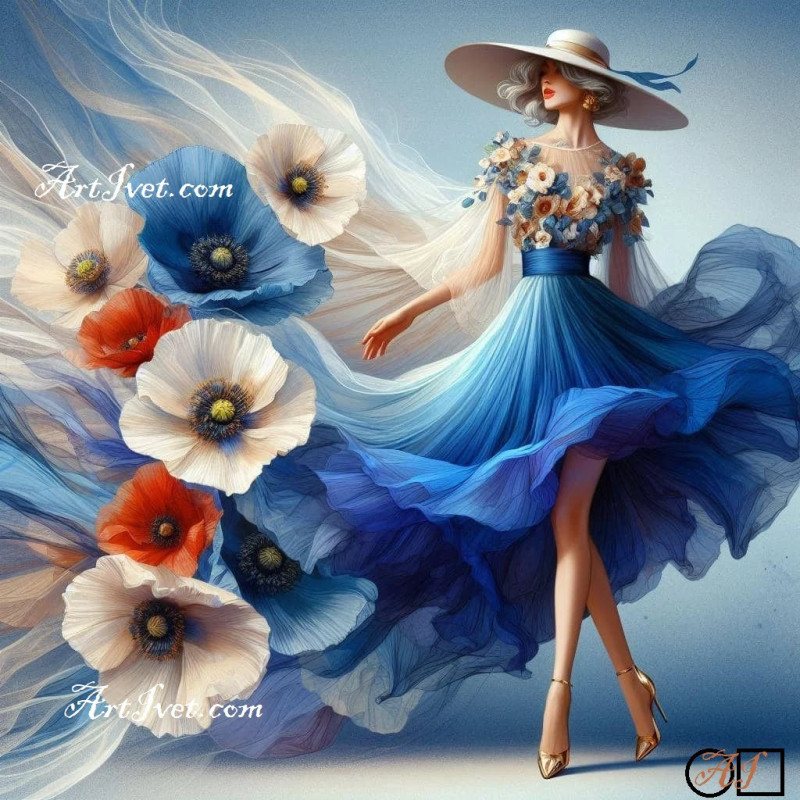 Goblen de diamante - Frumoasa cu rochie cu maci colorati Goblen de diamante - Frumoasa cu rochie cu maci colorati