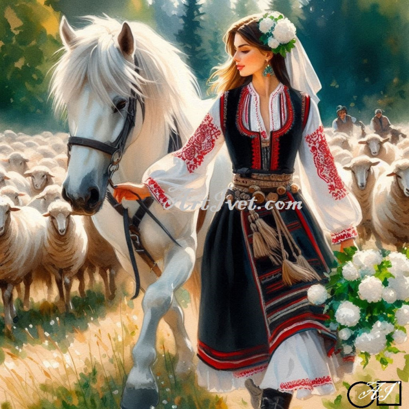 Goblen de diamante - Ilinca - fata cu bujori albi Goblen de diamante - Ilinca - fata cu bujori albi