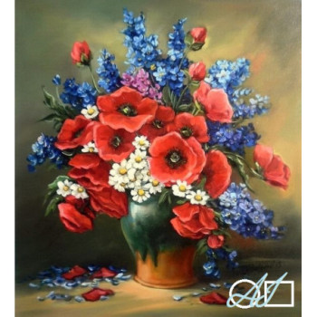Goblen  de  diamante - BUCHET CU MACI ROȘII, MARGARETE ROZ SI DELPHINIUM ALBASTRU