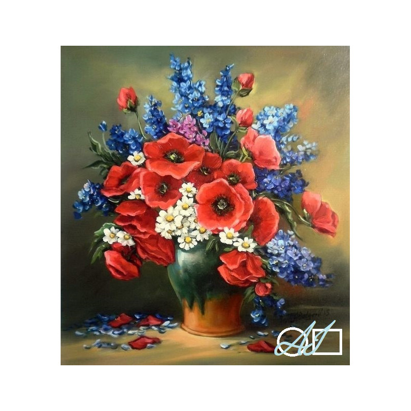 Goblen de diamante - BUCHET CU MACI ROȘII, MARGARETE ROZ SI DELPHINIUM ALBASTRU Goblen de diamante - BUCHET CU MACI ROȘII, MARGARETE ROZ SI DELPHINIUM ALBASTRU