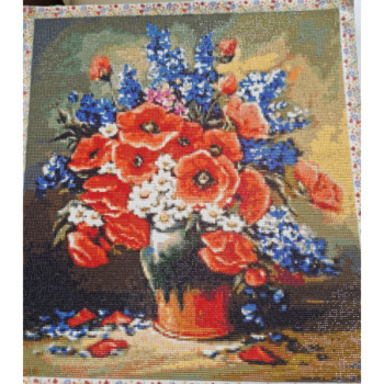 Goblen  de  diamante - BUCHET CU MACI ROȘII, MARGARETE ROZ SI DELPHINIUM ALBASTRU