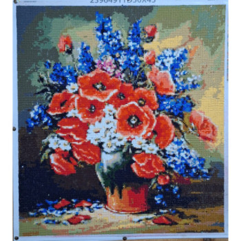 Goblen  de  diamante - BUCHET CU MACI ROȘII, MARGARETE ROZ SI DELPHINIUM ALBASTRU