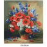 Goblen  de  diamante - BUCHET CU MACI ROȘII, MARGARETE ROZ SI DELPHINIUM ALBASTRU