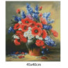 Goblen  de  diamante - BUCHET CU MACI ROȘII, MARGARETE ROZ SI DELPHINIUM ALBASTRU