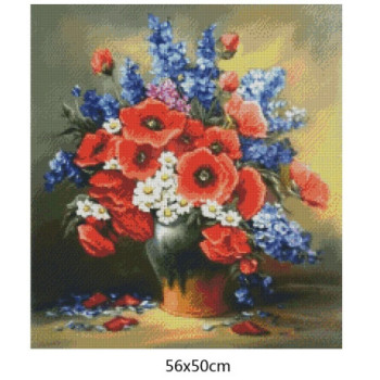 Goblen  de  diamante - BUCHET CU MACI ROȘII, MARGARETE ROZ SI DELPHINIUM ALBASTRU