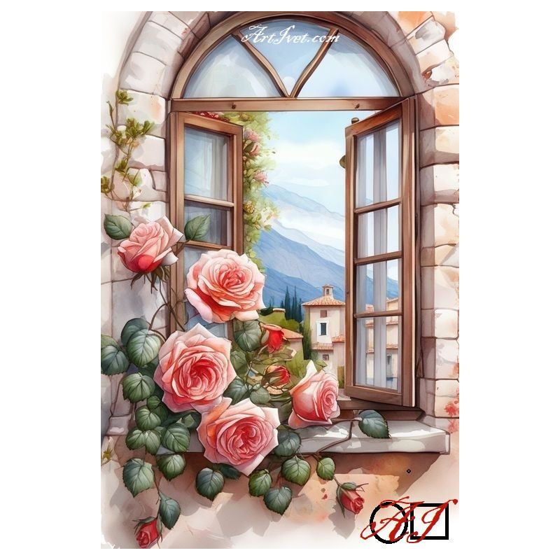 Goblen de diamante - Fereastra cu trandafiri roz Goblen de diamante - Fereastra cu trandafiri roz