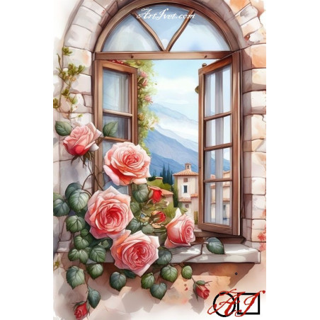 Goblen  de  diamante - Fereastra cu trandafiri roz