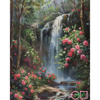 Goblen  de  diamante - Cascada unde infloresc trandafiri roz