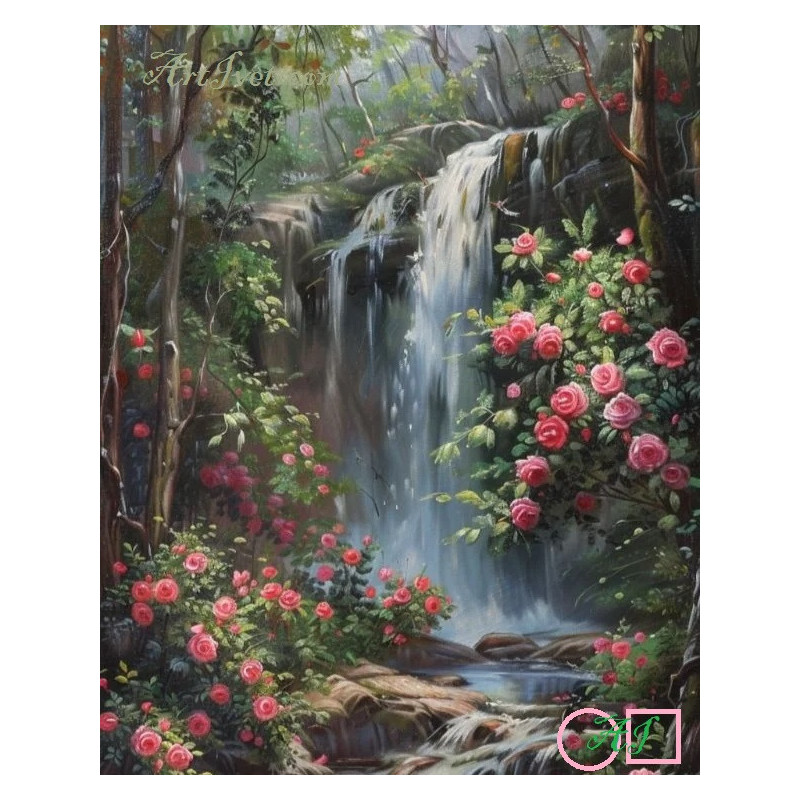 Goblen de diamante - Cascada unde infloresc trandafiri roz Goblen de diamante - Cascada unde infloresc trandafiri roz