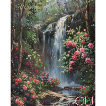Goblen  de  diamante - Cascada unde infloresc trandafiri roz