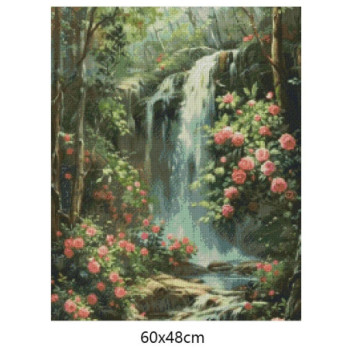 Goblen  de  diamante - Cascada unde infloresc trandafiri roz