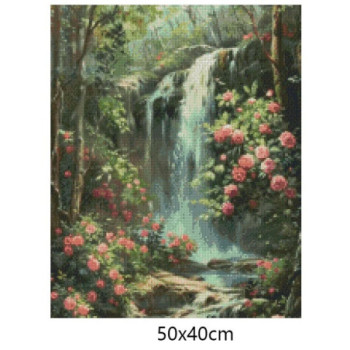 Goblen  de  diamante - Cascada unde infloresc trandafiri roz