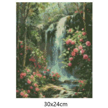 Goblen  de  diamante - Cascada unde infloresc trandafiri roz