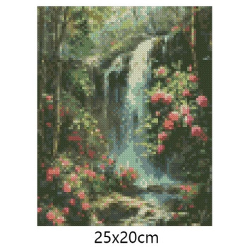 Goblen  de  diamante - Cascada unde infloresc trandafiri roz