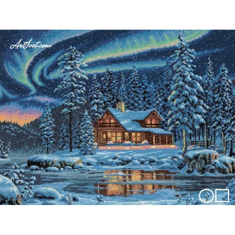 Goblen de diamante - Aurora boreala deasupra lacului inghetat Goblen de diamante - Aurora boreala deasupra lacului inghetat