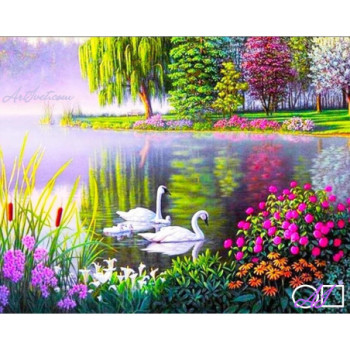Goblen  de  diamante - Lebede albe la lacul cu flori colorate
