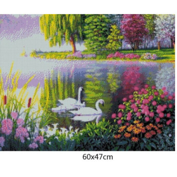 Goblen  de  diamante - Lebede albe la lacul cu flori colorate