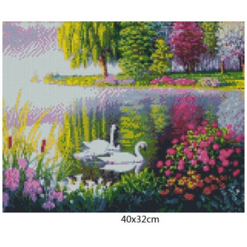Goblen  de  diamante - Lebede albe la lacul cu flori colorate