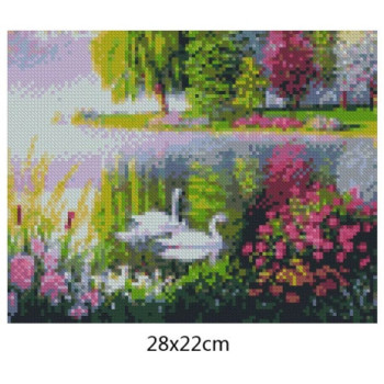 Goblen  de  diamante - Lebede albe la lacul cu flori colorate