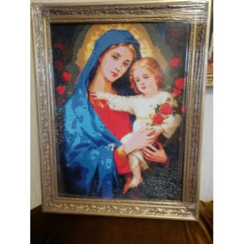 Goblen  de  diamante - Icoana Maicii Domnului si pruncul cu trandafiri rosii