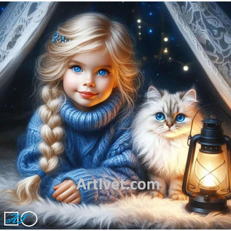 Goblen  de  diamante - Fetita si pisica - Prieteni cu ochi albastri