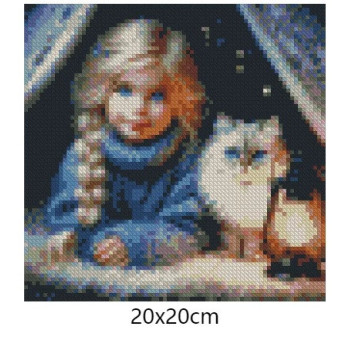 Goblen  de  diamante - Fetita si pisica - Prieteni cu ochi albastri