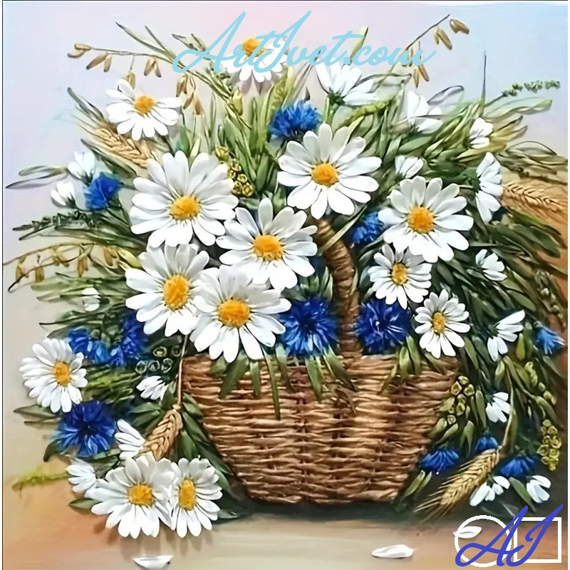 Goblen  de  diamante - Buchet de pe camp - Cosulet cu margarete si albastrele