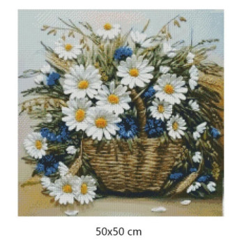 Goblen  de  diamante - Buchet de pe camp - Cosulet cu margarete si albastrele