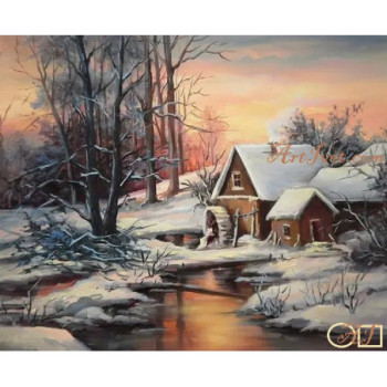Goblen de diamante - Peisaj de iarna cu moara veche
