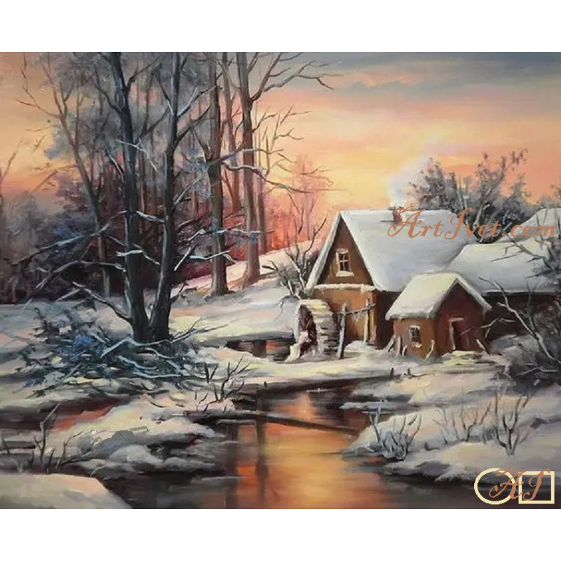 Goblen de diamante - Peisaj de iarna cu moara veche