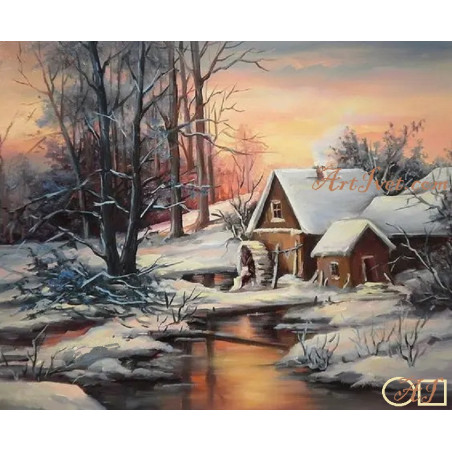 Goblen de diamante - Peisaj de iarna cu moara veche