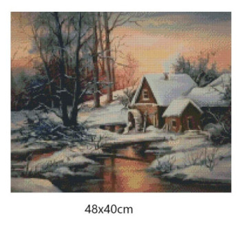 Goblen de diamante - Peisaj de iarna cu moara veche
