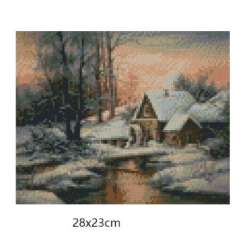 Goblen de diamante - Peisaj de iarna cu moara veche