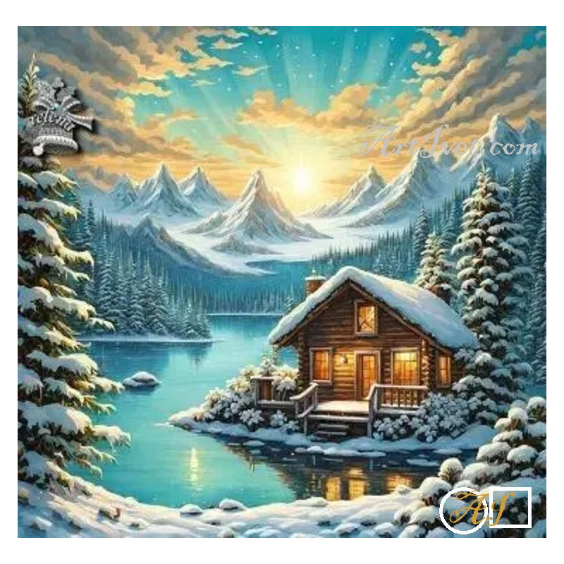 Goblen  de  diamante - Cabana pe malul lacului inzapezit