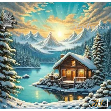 Goblen  de  diamante - Cabana pe malul lacului inzapezit