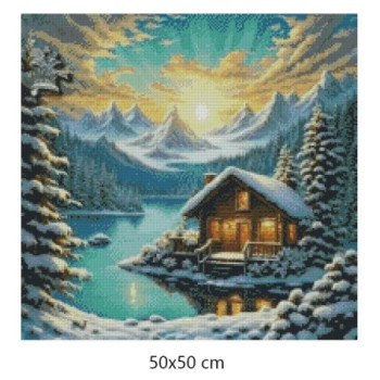 Goblen  de  diamante - Cabana pe malul lacului inzapezit